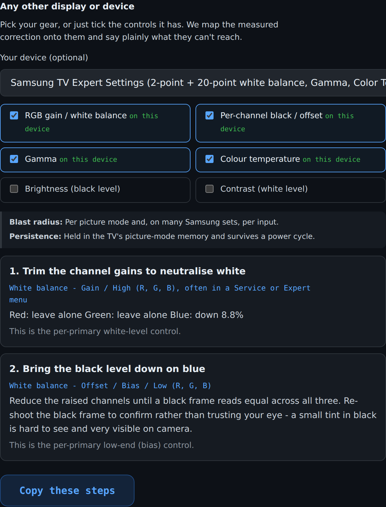 The device picker with Samsung TV Expert Settings selected: RGB gain, per-channel black, gamma, and colour temperature ticked as on this device, blast radius and persistence notes, and step-by-step settings naming the White Balance Gain and Offset controls.