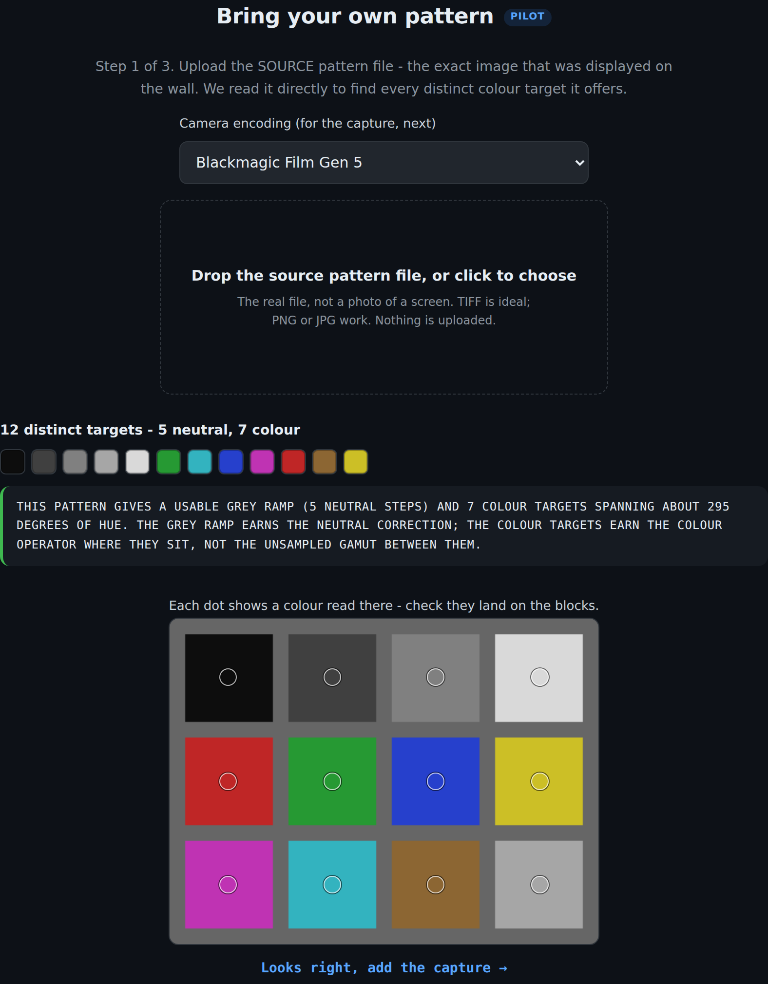 The bring-your-own-pattern step showing a source pattern analysed into 12 distinct targets, 5 neutral and 7 colour, with a row of colour chips and a coverage note.